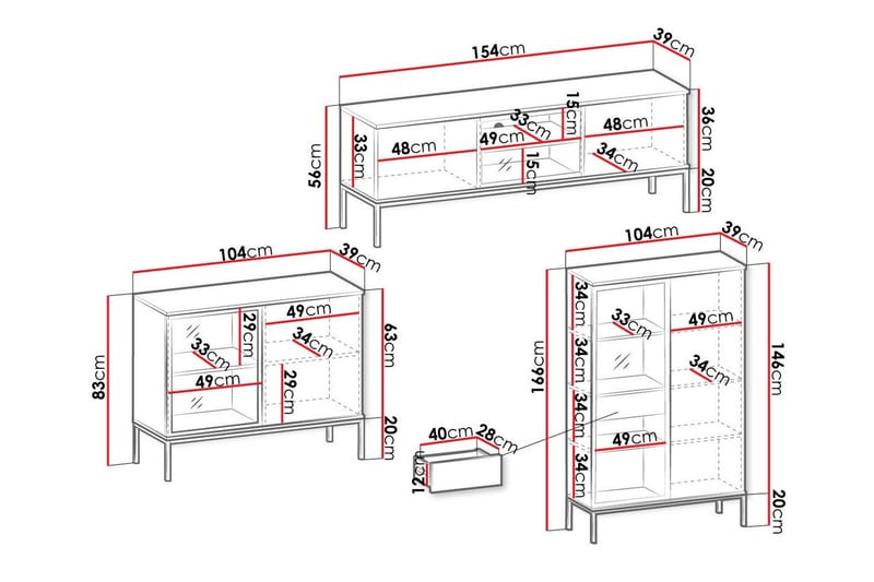 Klinkerville Møbelsett Stue med Belysning benk vitrineskap - Svart Tre / Brun / Ribbet / Glass - Oppbevaring - Oppbevaringsmøbler - Møbelsett til stue