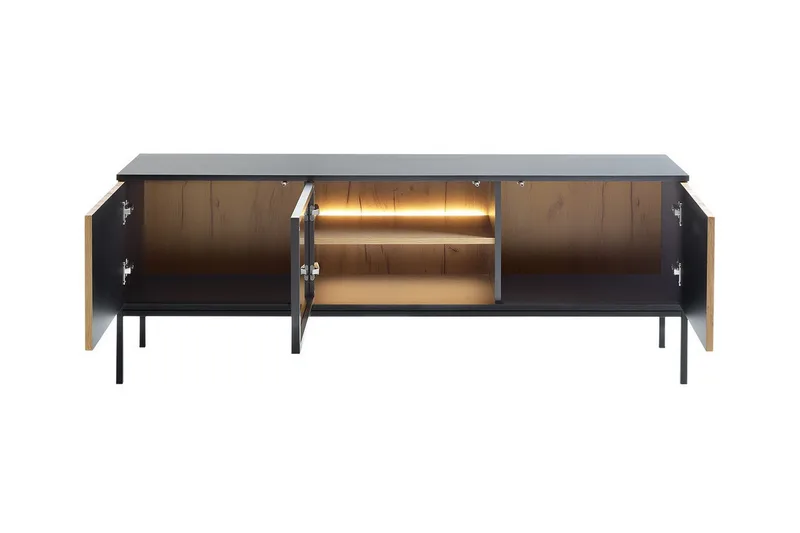 Klinkerville Møbelsett Stue med Belysning benk vitrineskap - Svart Tre / Brun / Ribbet / Glass - Oppbevaring - Oppbevaringsmøbler - Møbelsett til stue