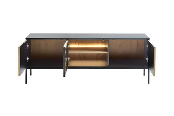 Klinkerville Møbelsett Stue med Belysning benk vitrineskap - Svart Tre / Brun / Ribbet / Glass - Oppbevaring - Oppbevaringsmøbler - Møbelsett til stue