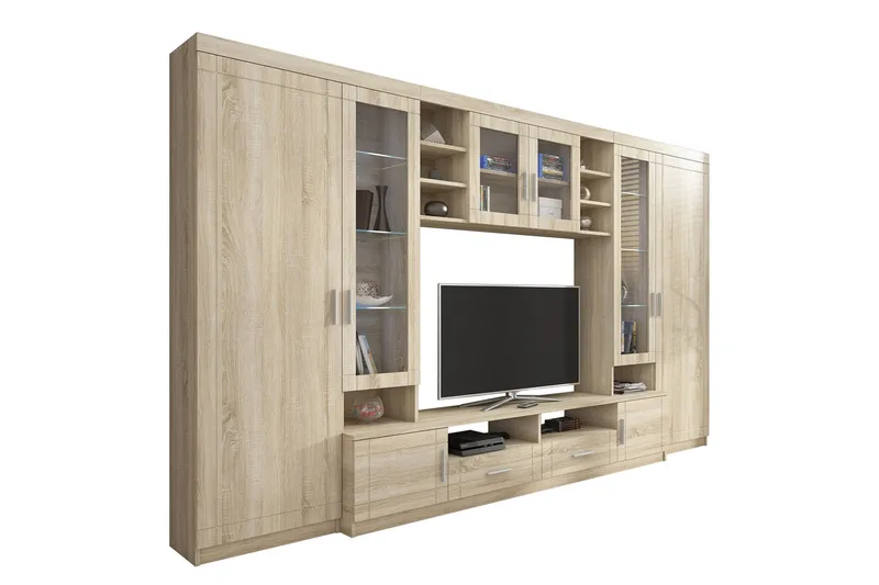 Paris Møbelsett Stue 340x44x197.5 cm - Eik / Hvit Led-belysning - Oppbevaring - Oppbevaringsmøbler - Møbelsett til stue