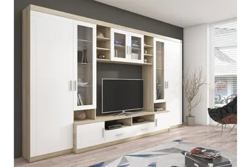 Paris Møbelsett Stue 340x44x197.5 cm - Eik / Hvit Led-belysning - Oppbevaring - Oppbevaringsmøbler - Møbelsett til stue