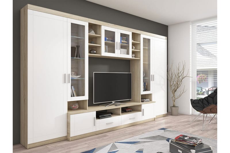 Paris Møbelsett Stue 340x44x197.5 cm, Eik / Hvit Led-belysning