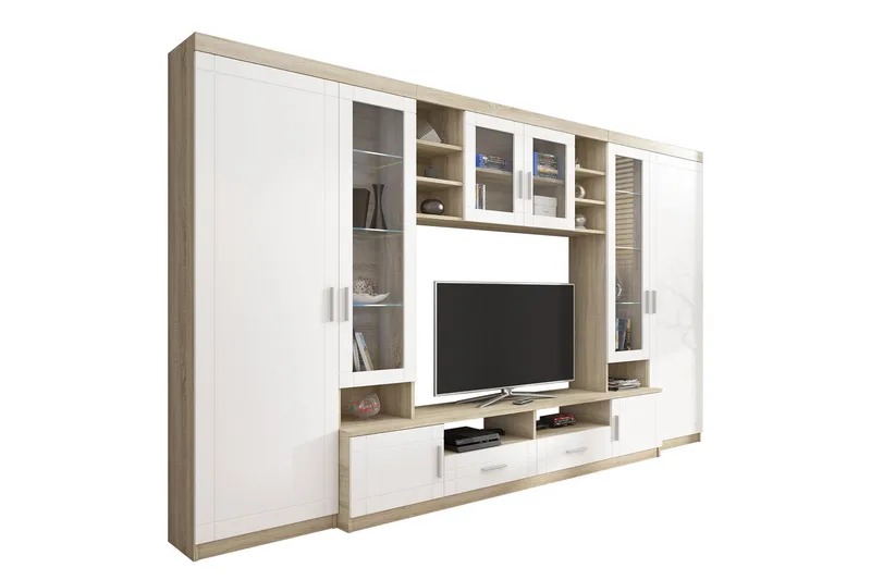 Paris Møbelsett Stue 340x44x197.5 cm - Eik / Hvit Led-belysning - Oppbevaring - Oppbevaringsmøbler - Møbelsett til stue