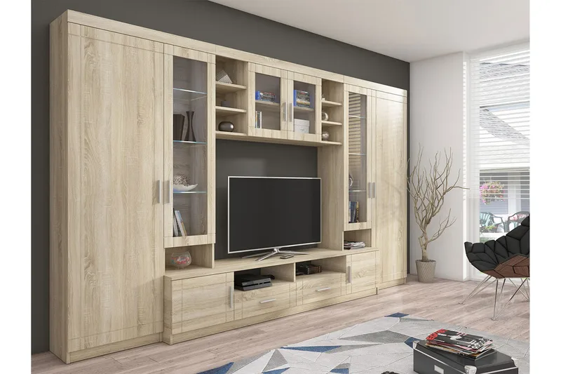 Paris Møbelsett Stue 340x44x197.5 cm, Eik / Hvit Led-belysning