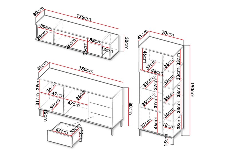 Querty Stuesett LED-belysning 4 Deler Hvit LED - Svart - Oppbevaring - Oppbevaringsmøbler - Møbelsett til stue