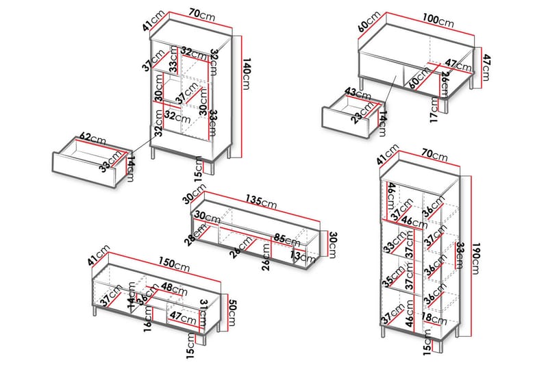 Querty Stuesett LED-belysning 6 Deler Hvit LED - Natur - Oppbevaring - Oppbevaringsmøbler - Møbelsett til stue