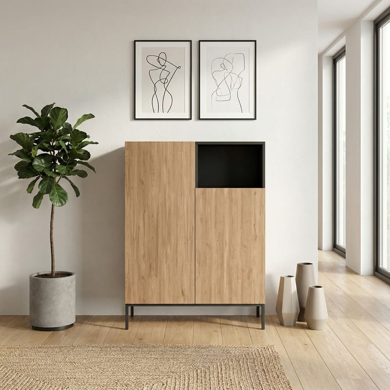 Morlen Skjenk 90x120x41,8 cm - Natural Oak, Wood Black, Sandstone - Oppbevaring - Oppbevaringsmøbler - Sideboard & skjenk