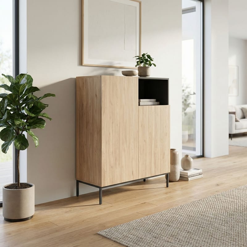 Morlen Skjenk 90x120x41,8 cm - Natural Oak, Wood Black, Sandstone - Oppbevaring - Oppbevaringsmøbler - Sideboard & skjenk