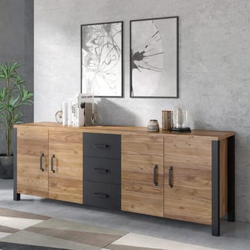 Olin Skjenk med 4 Dører og 3 Skuffer 220 cm i Tre med Furuutseende - Mellombrun - Oppbevaring - Oppbevaringsmøbler - Sideboard & skjenk