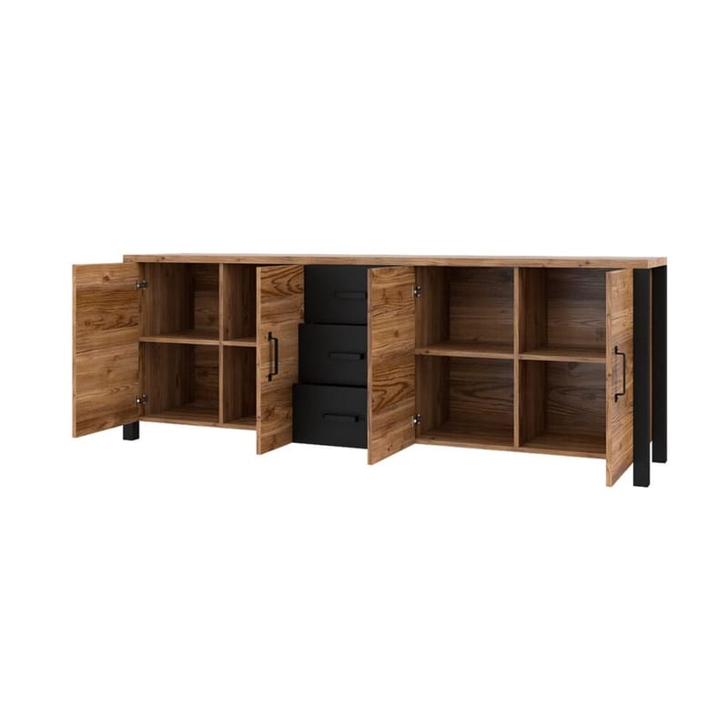Olin Skjenk med 4 Dører og 3 Skuffer 220 cm i Tre med Furuutseende - Mellombrun - Oppbevaring - Oppbevaringsmøbler - Sideboard & skjenk
