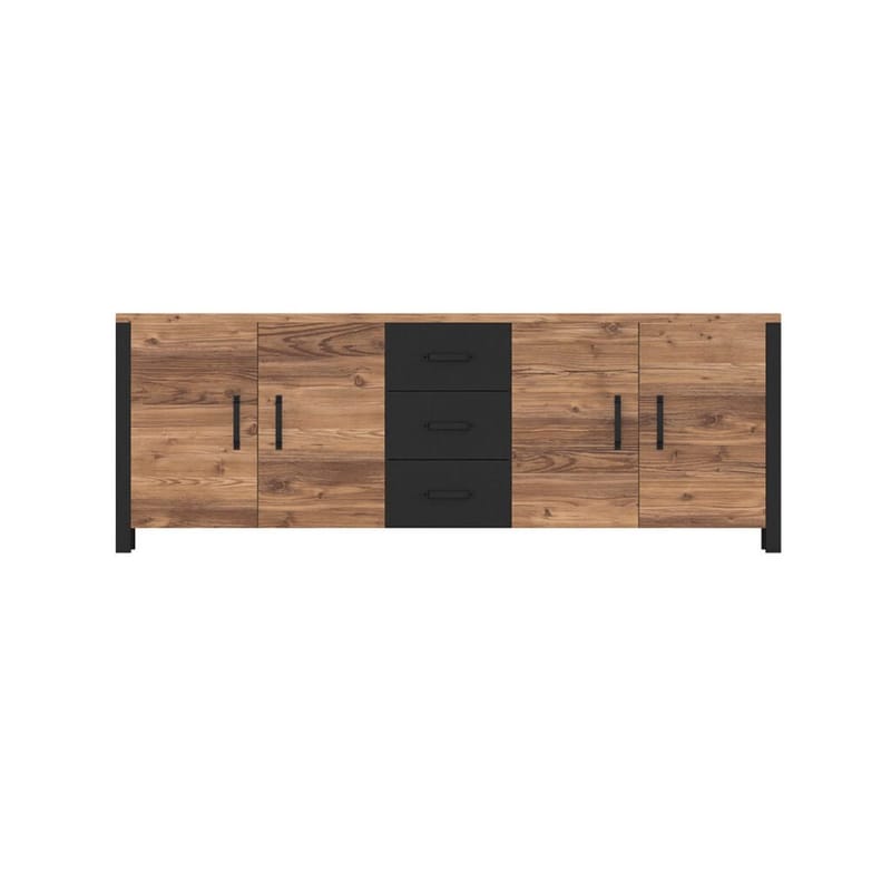 Olin Skjenk med 4 Dører og 3 Skuffer 220 cm i Tre med Furuutseende - Mellombrun - Oppbevaring - Oppbevaringsmøbler - Sideboard & skjenk