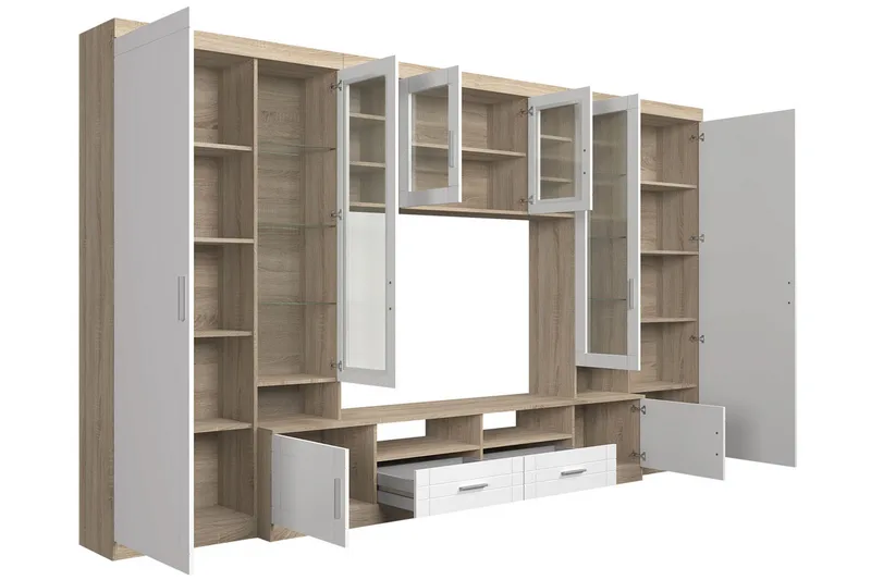 Paris Møbelsett Stue 340x44x197.5 cm - Eik / Hvit Led-belysning - Oppbevaring - Oppbevaringsmøbler - Møbelsett til stue