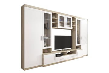 Paris Møbelsett Stue 340x44x197.5 cm - Eik / Hvit Led-belysning - Oppbevaring - Oppbevaringsmøbler - Møbelsett til stue