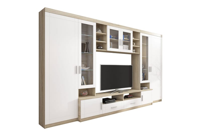 Paris Møbelsett Stue 340x44x197.5 cm - Eik / Hvit Led-belysning - Oppbevaring - Oppbevaringsmøbler - Møbelsett til stue