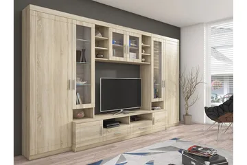Paris Møbelsett Stue 340x44x197.5 cm - Eik / Hvit Led-belysning - Oppbevaring - Oppbevaringsmøbler - Møbelsett til stue
