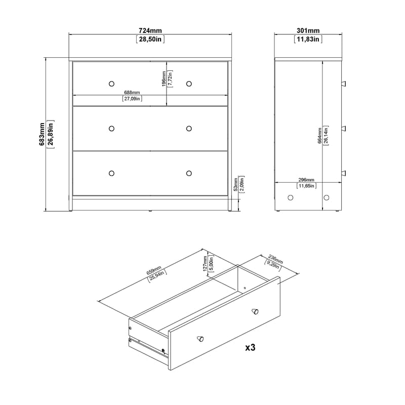 Renor Kommode 3 skuffer 72x30x68 cm - Oppbevaring - Oppbevaringsmøbler - Kommode