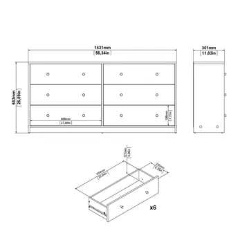 Renor Kommode dobbel kommode med 6 skuffer 143x30x68 cm - Oppbevaring - Oppbevaringsmøbler - Kommode