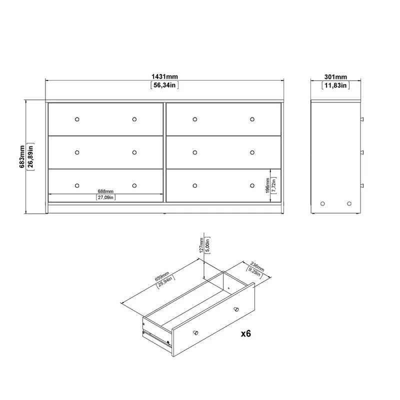Renor Kommode dobbel kommode med 6 skuffer 143x30x68 cm - Oppbevaring - Oppbevaringsmøbler - Kommode