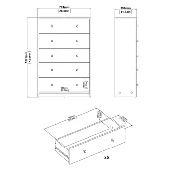 Renor Kommode med 5 skuffer Hvit 72x30x108 cm - Oppbevaring - Oppbevaringsmøbler - Kommode