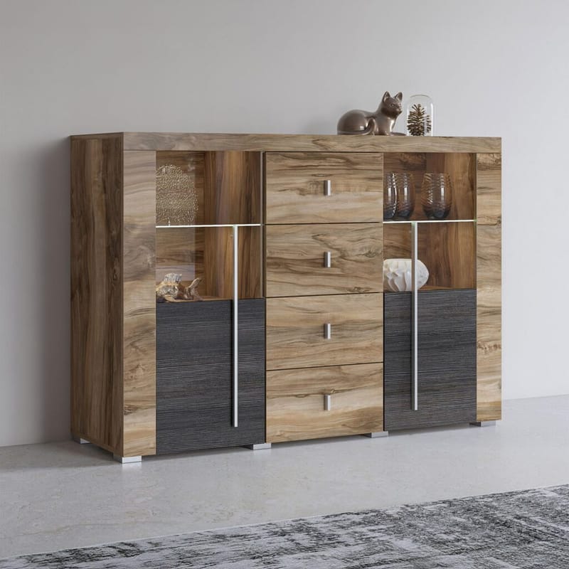 Roger Skjenk med 2 Dører og 4 Skuffer 132 cm i Tre med Valnøttutseende - Brun - Oppbevaring - Oppbevaringsmøbler - Sideboard & skjenk