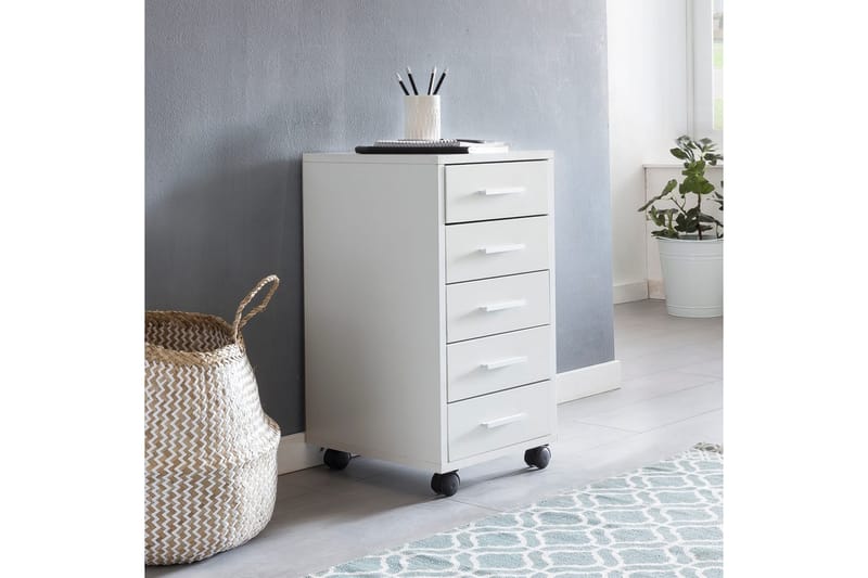 Rullecontainer Wohnling 5 skuffer med hjul, foliert sponplate, moderne stil Hvit - Hvit - Oppbevaring - Oppbevaringsmøbler - Kommode