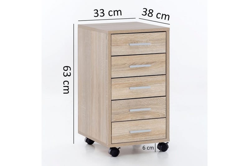 Rullecontainer Wohnling 5 skuffer med hjul, foliert sponplate, moderne stil Sonoma - Sonoma - Oppbevaring - Oppbevaringsmøbler - Kommode - Skuffeseksjon