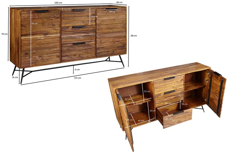 Kimbal Skjenk 160x40 cm i Tre med Metallben - Brun - Oppbevaring - Oppbevaringsmøbler - Sideboard & skjenk