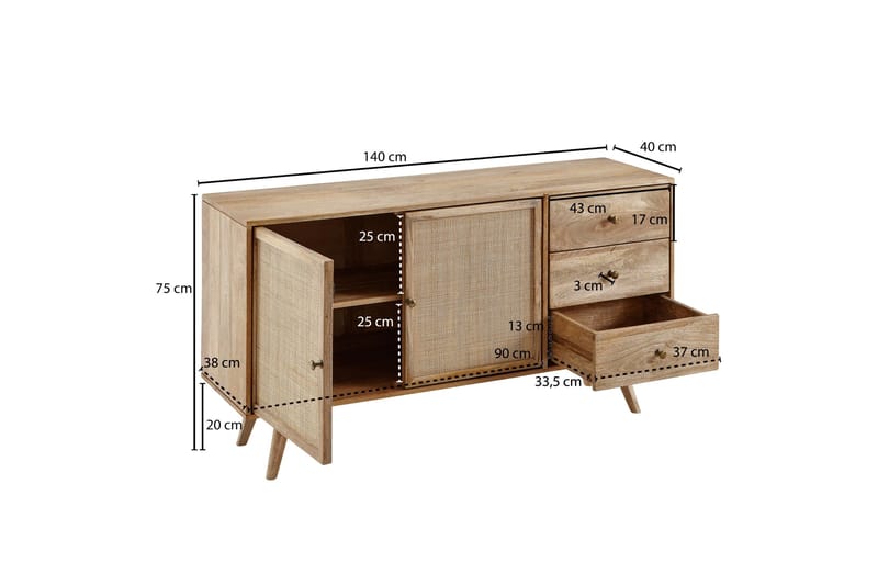 Willowdale Skjenk 140 cm i Tre med Rottingdør - Brun - Oppbevaring - Oppbevaringsmøbler - Sideboard & skjenk