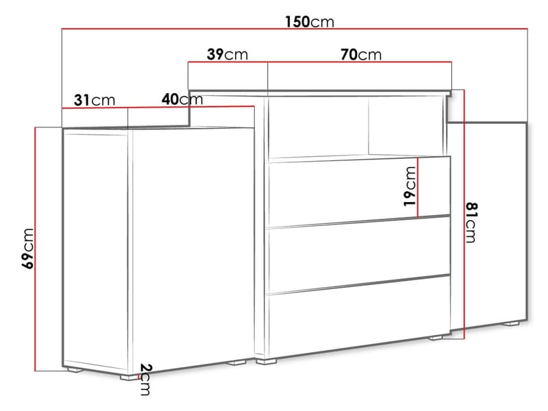skap Kommode 2 dører 3 skuffer URBAN URBIII1500 grå, brun - Oppbevaring - Oppbevaringsmøbler - Sideboard & skjenk