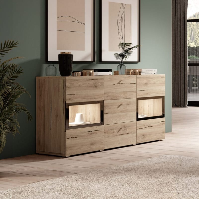 Skjenk Baros 2 Dører med 3 Skuffer - San Remo Eik Lys Laminat - Oppbevaring - Oppbevaringsmøbler - Sideboard & skjenk
