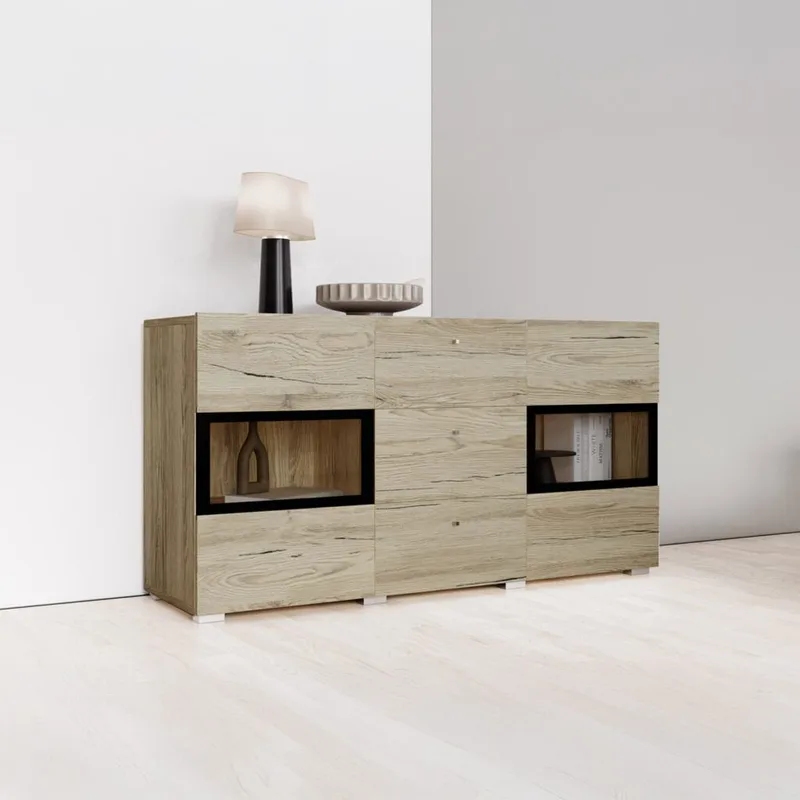 Skjenk Baros 2 Dører med 3 Skuffer - San Remo Eik Lys Laminat - Oppbevaring - Oppbevaringsmøbler - Sideboard & skjenk