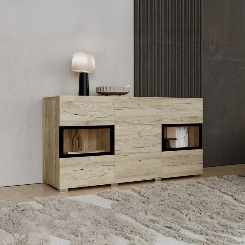 Skjenk Baros 2 Dører med 3 Skuffer - San Remo Eik Lys Laminat - Oppbevaring - Oppbevaringsmøbler - Sideboard & skjenk