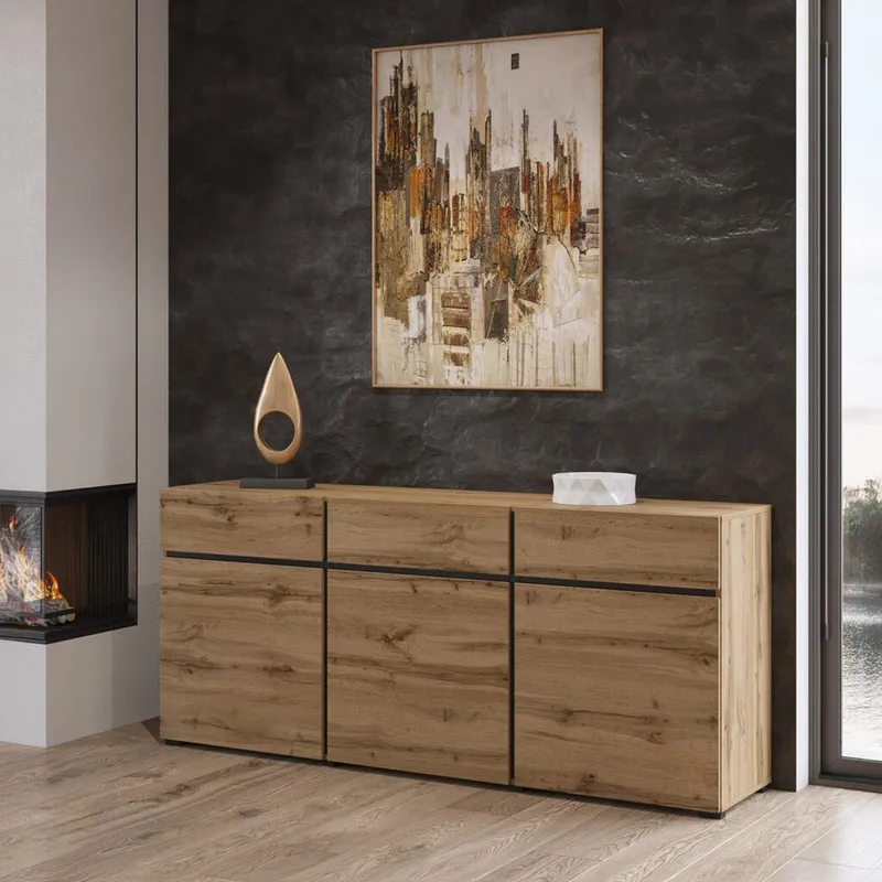 Skjenk Cross 3 Dører med 3 Skuffer - Wotan eik - svart - Oppbevaring - Oppbevaringsmøbler - Sideboard & skjenk