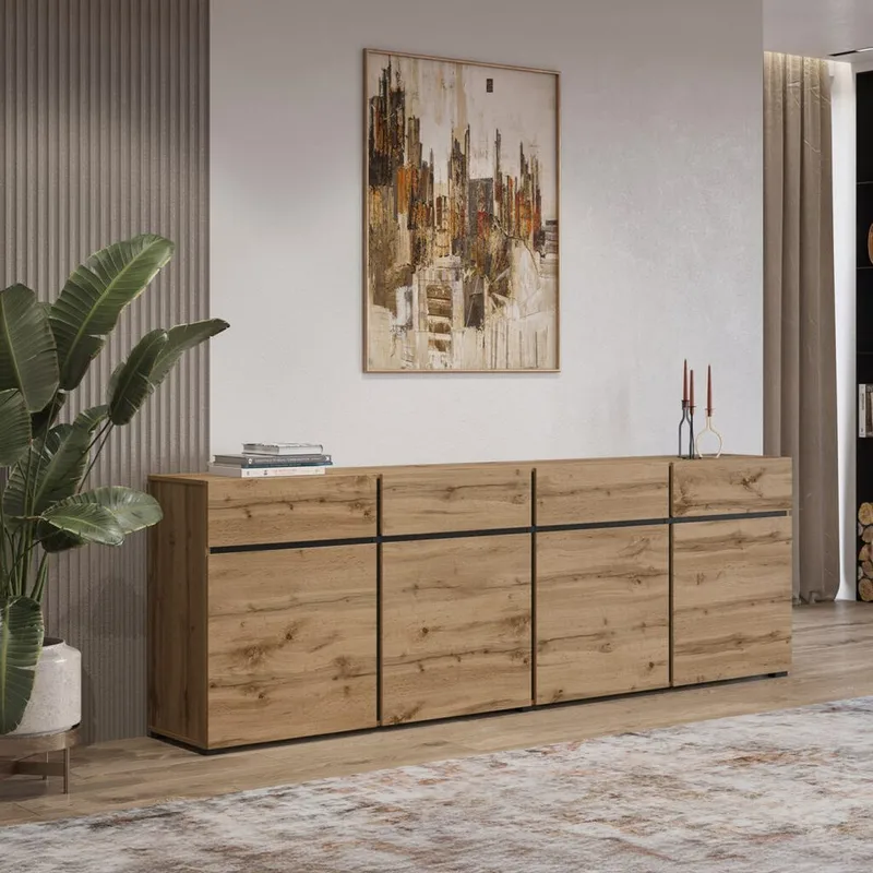 Skjenk Cross 4 dører med 4 skuffer - Wotan eik - Svart - Oppbevaring - Oppbevaringsmøbler - Sideboard & skjenk