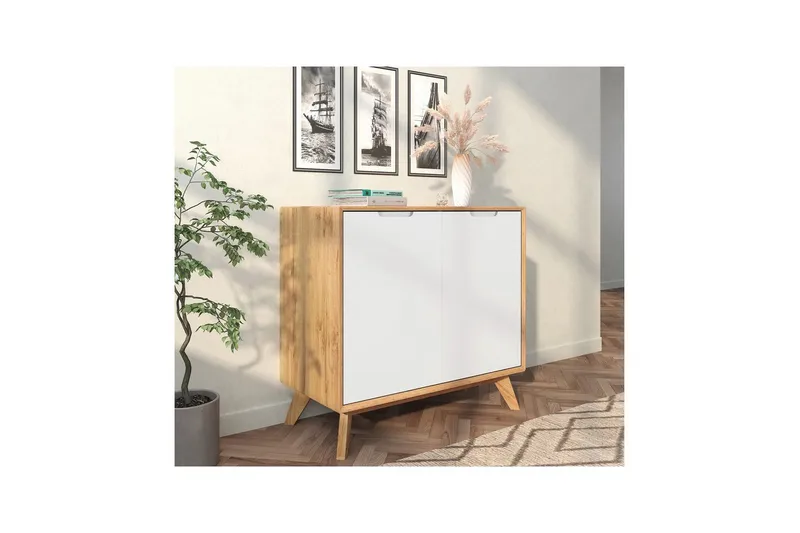 Skjenk Ezra 80x40x75 cm, Wotan eik/hvit - 80x40x75 cm, Wotan eik/hvit - Oppbevaring - Oppbevaringsmøbler - Sideboard & skjenk