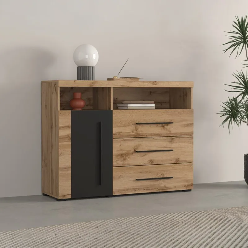 Skjenk Roger 1 Dør med 3 Skuffer - Wotan eik - Oppbevaring - Oppbevaringsmøbler - Sideboard & skjenk