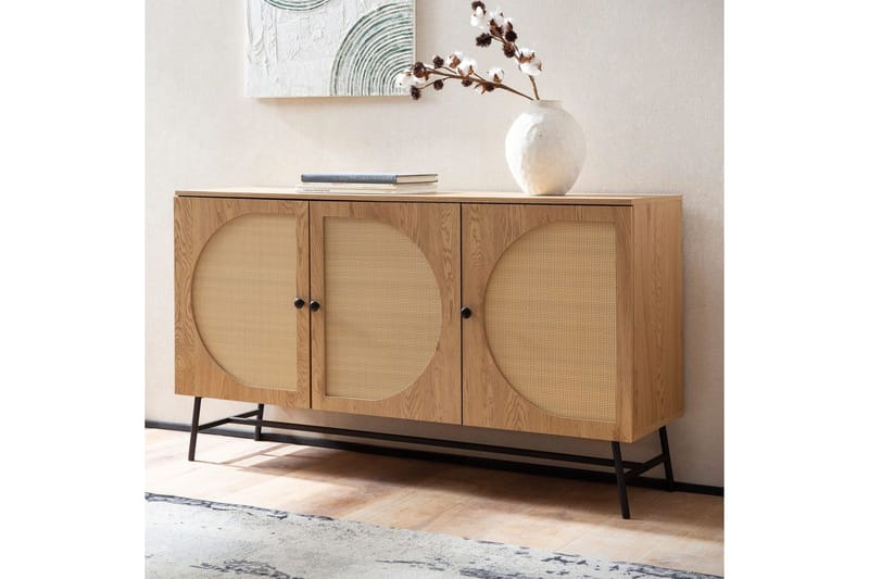 Skjenk Wohnling Foliert sponplate eikelook halvsirkel Rattanflett-utseende 3 dører Moderne - Møbler - Bord - Avlastningsbord & sidobord - Lampebord & sidebord