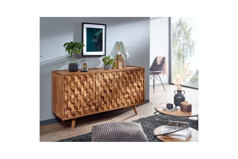 Skjenk Wohnling Massivt tre 3D kubeoptikk front 138 cm Landlig stil - Møbler - Bord - Avlastningsbord & sidobord - Lampebord & sidebord