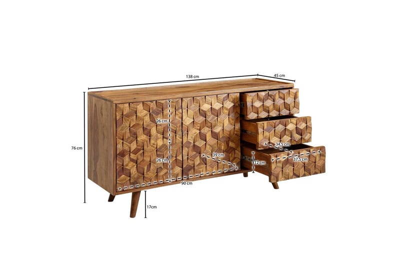 Skjenk Wohnling Massivt tre 3D kubeoptikk front 138 cm Landlig stil - Møbler - Bord - Avlastningsbord & sidobord - Lampebord & sidebord