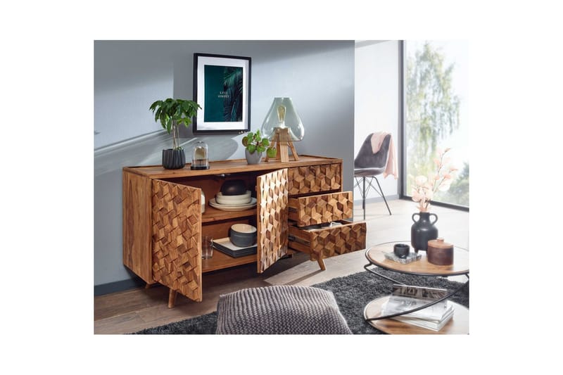 Skjenk Wohnling Massivt tre 3D kubeoptikk front 138 cm Landlig stil - Møbler - Bord - Avlastningsbord & sidobord - Lampebord & sidebord
