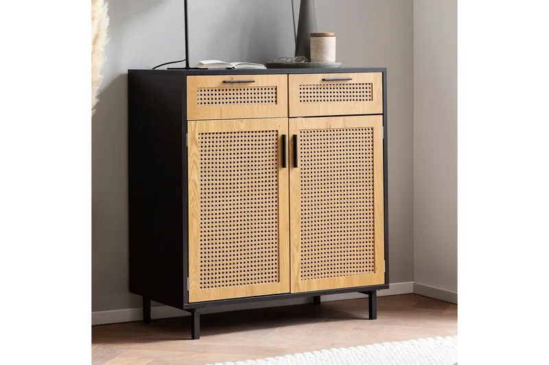 Skjenk Wohnling Melaminbelagt MDF 80 cm 2 dører 2 skuffer med flettverk i Wieners stil moderne - Møbler - Bord - Avlastningsbord & sidobord - Lampebord & sidebord