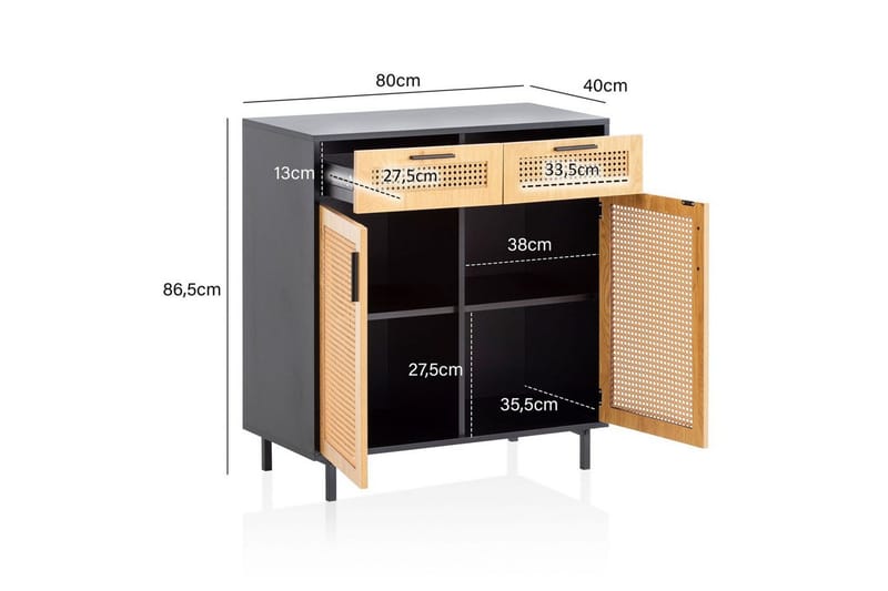 Skjenk Wohnling Melaminbelagt MDF 80 cm 2 dører 2 skuffer med flettverk i Wieners stil moderne - Møbler - Bord - Avlastningsbord & sidobord - Lampebord & sidebord