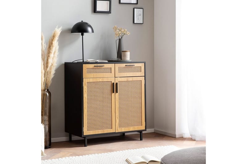 Skjenk Wohnling Melaminbelagt MDF 80 cm 2 dører 2 skuffer med flettverk i Wieners stil moderne - Møbler - Bord - Avlastningsbord & sidobord - Lampebord & sidebord