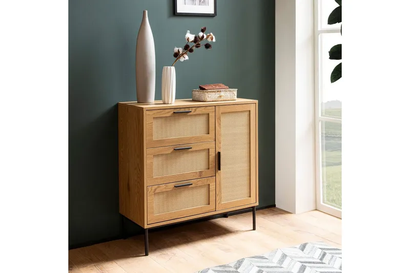 Skjenk Wohnling Melaminbelagt MDF Eik Optikk 3 Skuffer 1 Dør med Rattan Front Moderne - Møbler - Bord - Avlastningsbord & sidobord - Lampebord & sidebord