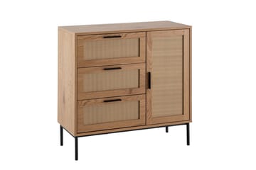 Skjenk Wohnling Melaminbelagt MDF Eik Optikk 3 Skuffer 1 Dør med Rattan Front Moderne - Møbler - Bord - Avlastningsbord & sidobord - Lampebord & sidebord