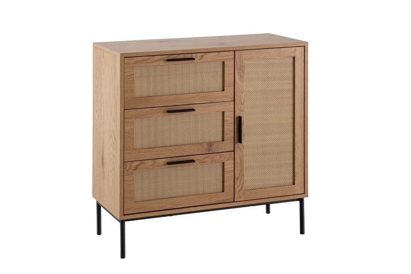 Skjenk Wohnling Melaminbelagt MDF Eik Optikk 3 Skuffer 1 Dør med Rattan Front Moderne - Møbler - Bord - Avlastningsbord & sidobord - Lampebord & sidebord