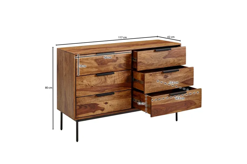 Skjenk Wohnling Solid tre 117 cm 6 skuffer filigrane metallben i landlig stil - Oppbevaring - Oppbevaringsmøbler - Sideboard & skjenk