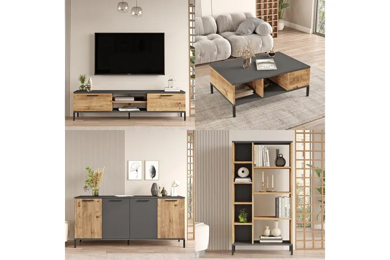 Stuemøbelsett Zephral Atlantic Pine / Antrasitt - Natur/Antrasitt - Oppbevaring - Oppbevaringsmøbler - Møbelsett til stue