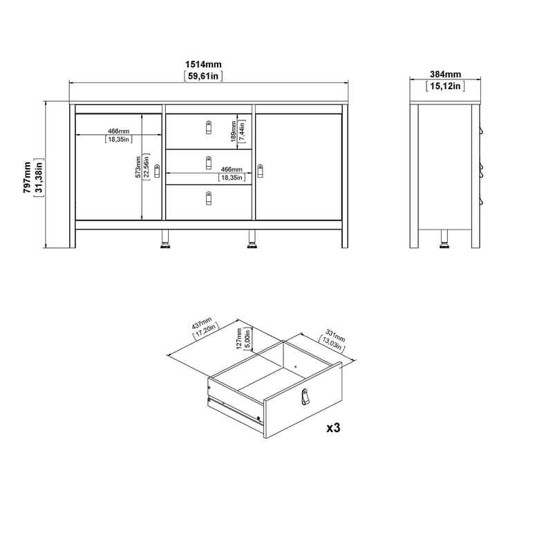 Vallvidera Skjenk med 2 dører og 3 skuffer 151 cm - Oppbevaring - Oppbevaringsmøbler - Sideboard & skjenk
