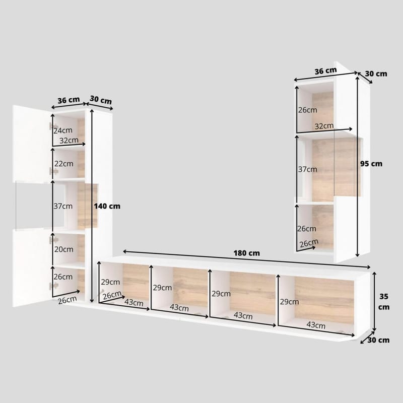Veggseksjon Ava 3 stykker (05+07+40) - Hvit - Oppbevaring - Oppbevaringsmøbler - Møbelsett til stue